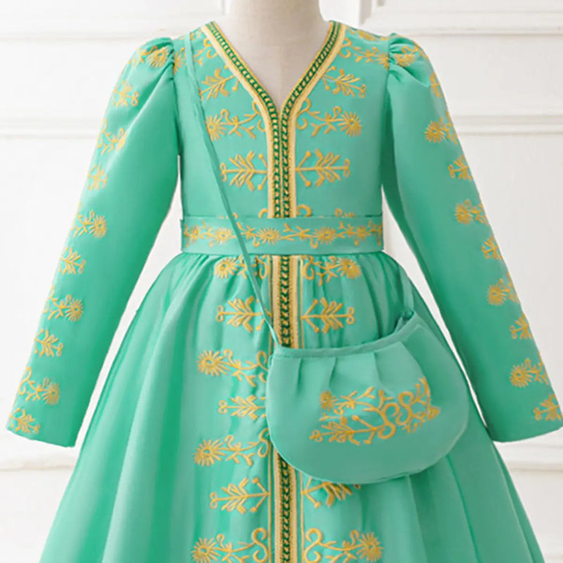 Girls Green Long Sleeve Embroidered Fit & Flare Dress Casual Dresses