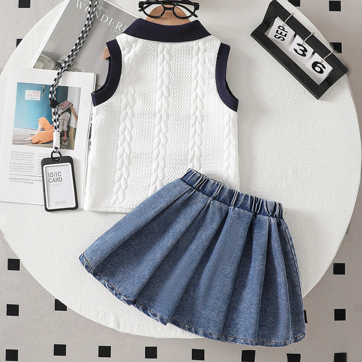 Girls White Textured Sleeveless Polo T-Shirt With Denim Skirt Sets Sets