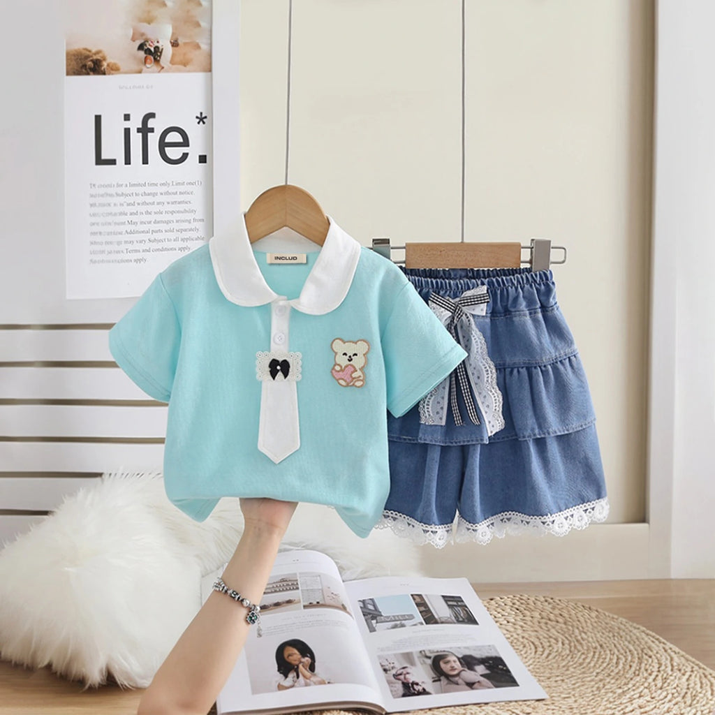 Girls Light Blue Bear Patch Embroidered Polo Top With Ruffle Denim Shorts Set Sets Light Blue 1-2 Y