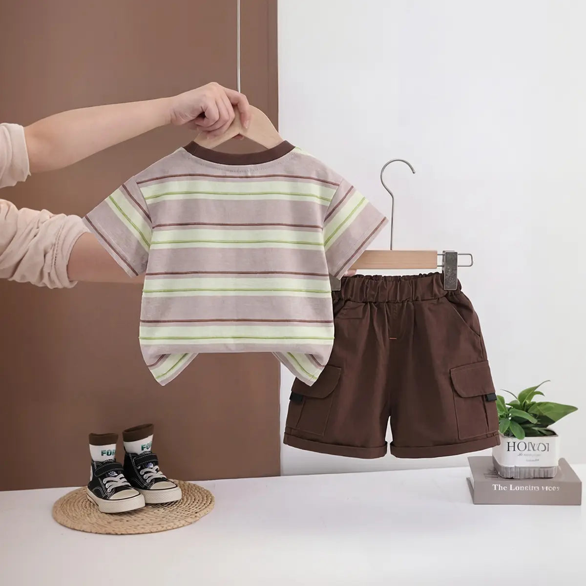 Boys Brown Bear Pocket Striped T-Shirt With Cargo Shorts Sets 2 pc. Sets