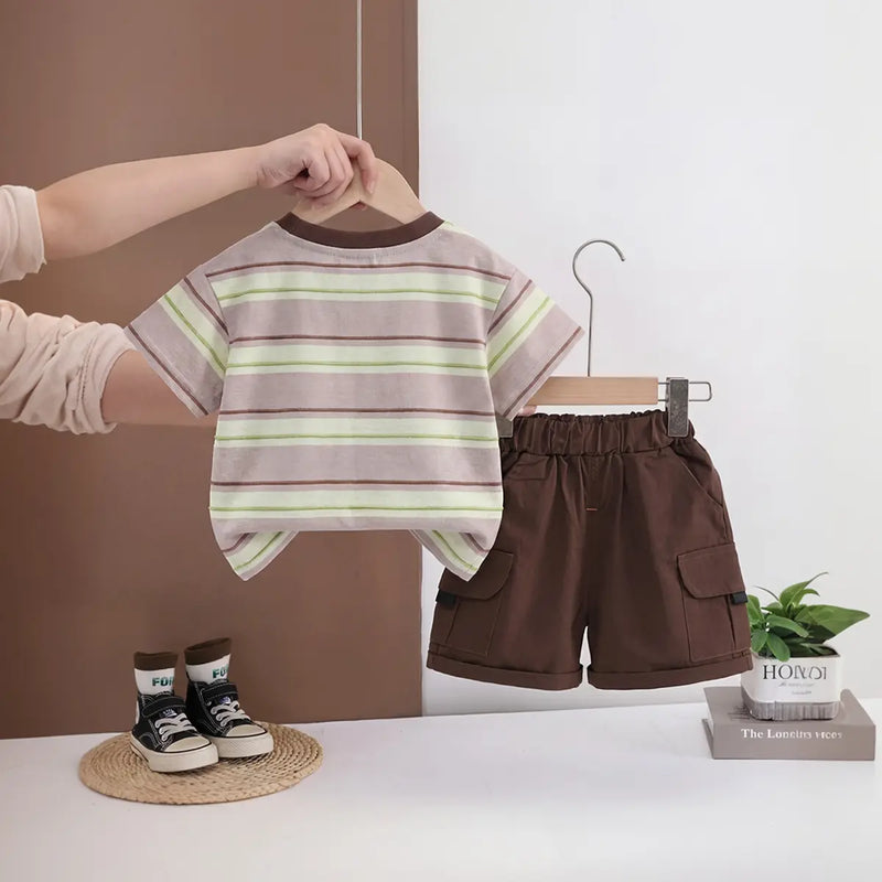 Boys Brown Bear Pocket Striped T-Shirt With Cargo Shorts Sets 2 pc. Sets