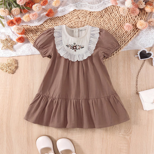 Girls Brown Embroidered Puff Sleeve A-line Dress Casual Dresses Brown 1-2 Y