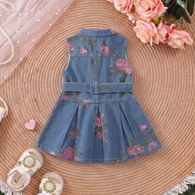 Girls Blue Floral Print Sleeveless Denim Dress Casual Dresses
