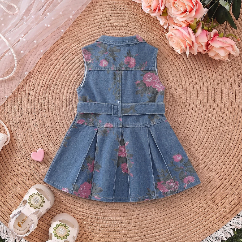 Girls Blue Floral Print Sleeveless Denim Dress Casual Dresses