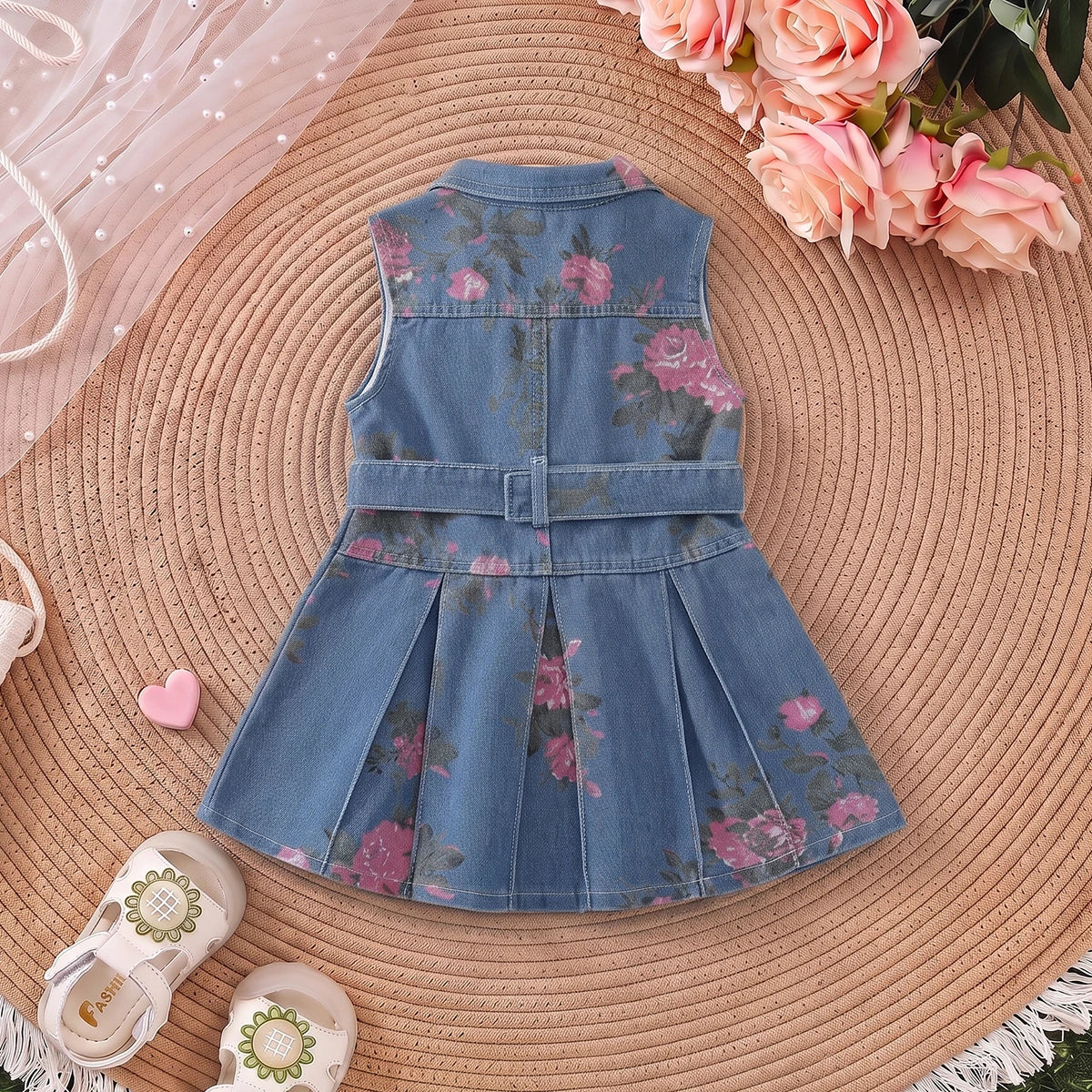 Girls Blue Floral Print Sleeveless Denim Dress Casual Dresses