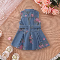 Girls Blue Floral Print Sleeveless Denim Dress Casual Dresses