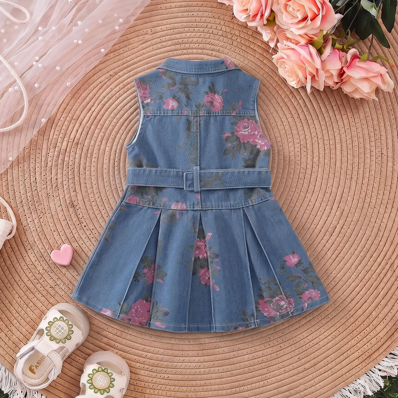 Girls Blue Floral Print Sleeveless Denim Dress Casual Dresses