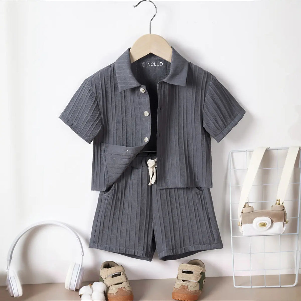 Boys Dark Grey Stripe Short Sleeves Shirt With Shorts Co-ord Sets Sets Dark Grey 1-2 Y