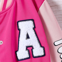 Girls Pink Typographic Printed Winter Varsity Jacket Coats & Jackets