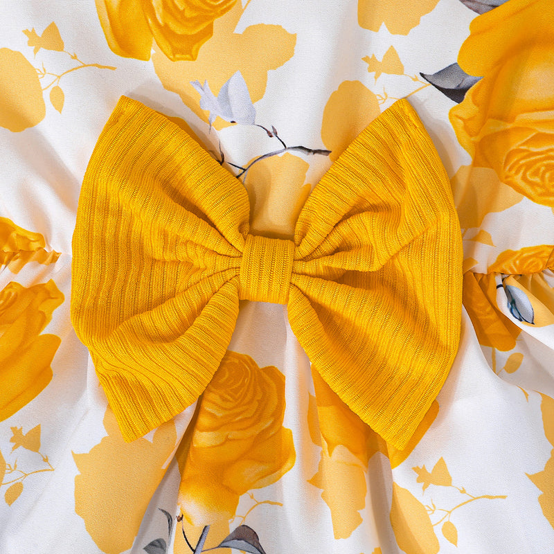 Girls Yellow Long Sleeve Top With Sleeveless Floral Print Dress Casual Dresses