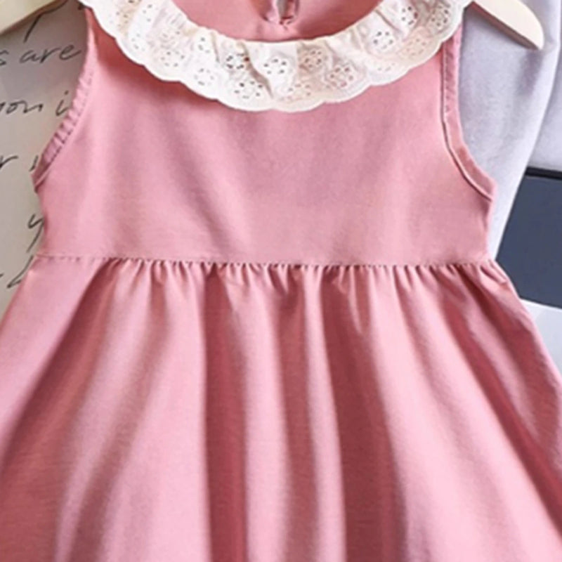 Girls Pink Sleeveless Fit & Flare Dress With Lace Hem Casual Dresses