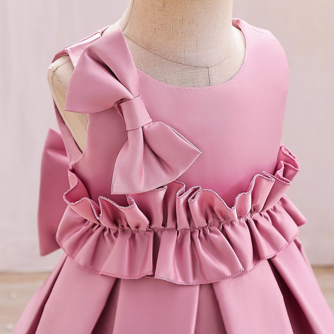 Girls Bow Applique Pleated Party Wear Dress Party Dresses   
