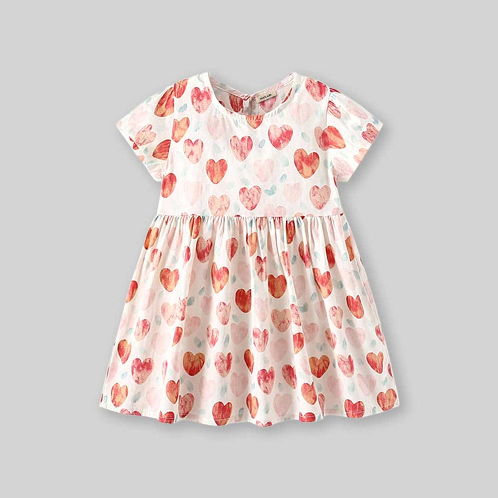 Girls Heart Print Short Sleeves Dress Casual Dresses   