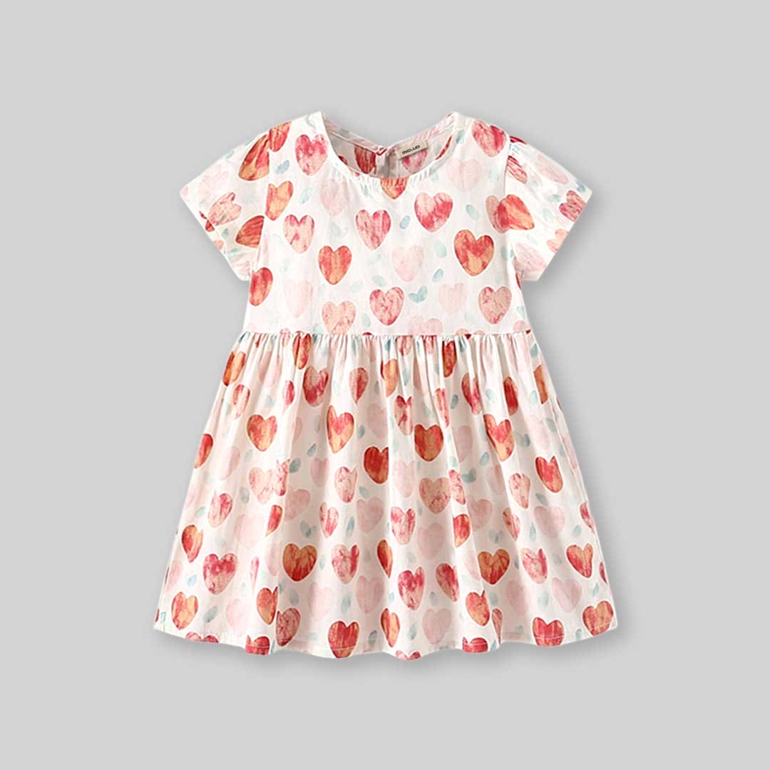Girls Heart Print Short Sleeves Dress Casual Dresses   