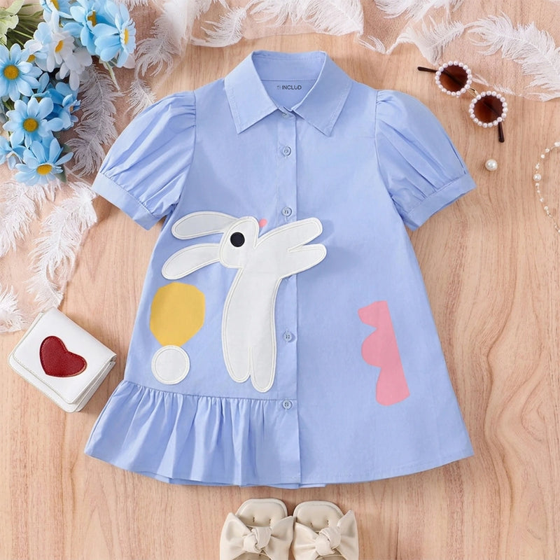 Girls Sky Blue Bunny Applique Puff Sleeve Shirt Dress Casual Dresses Sky Blue 2-3 Y