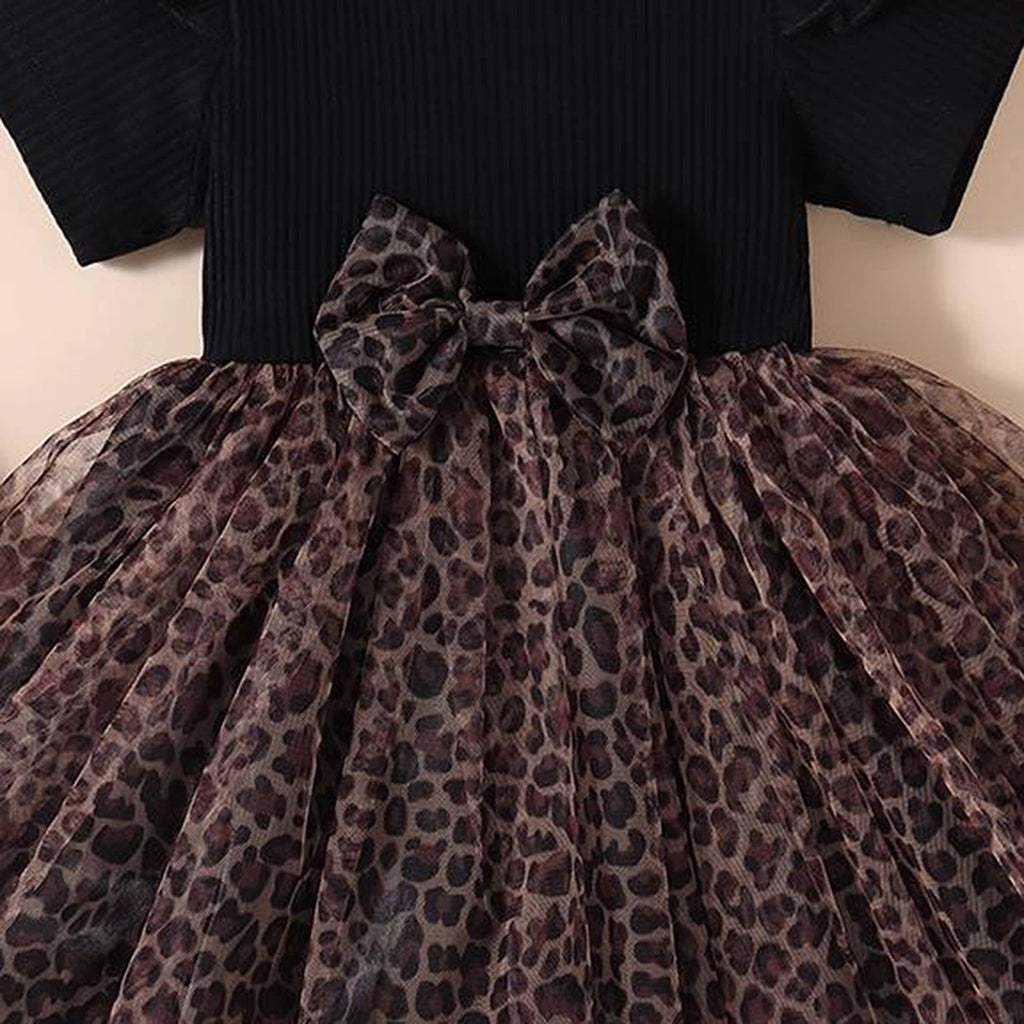Girls Black Leopard Print Short Sleeve Fit & Flare Dress Casual Dresses