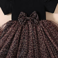 Girls Black Leopard Print Short Sleeve Fit & Flare Dress Casual Dresses