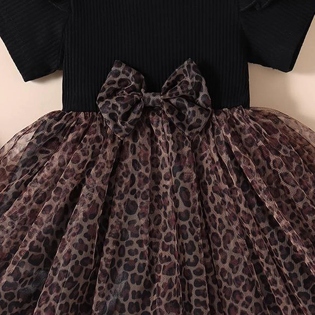 Girls Black Leopard Print Short Sleeve Fit & Flare Dress Casual Dresses