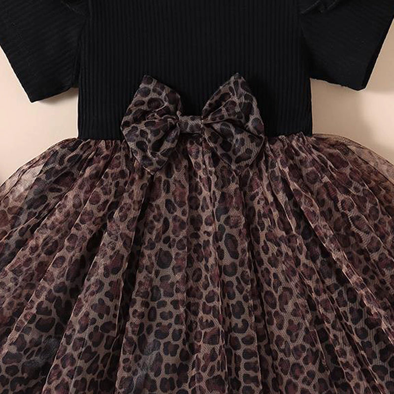 Girls Black Leopard Print Short Sleeve Fit & Flare Dress Casual Dresses