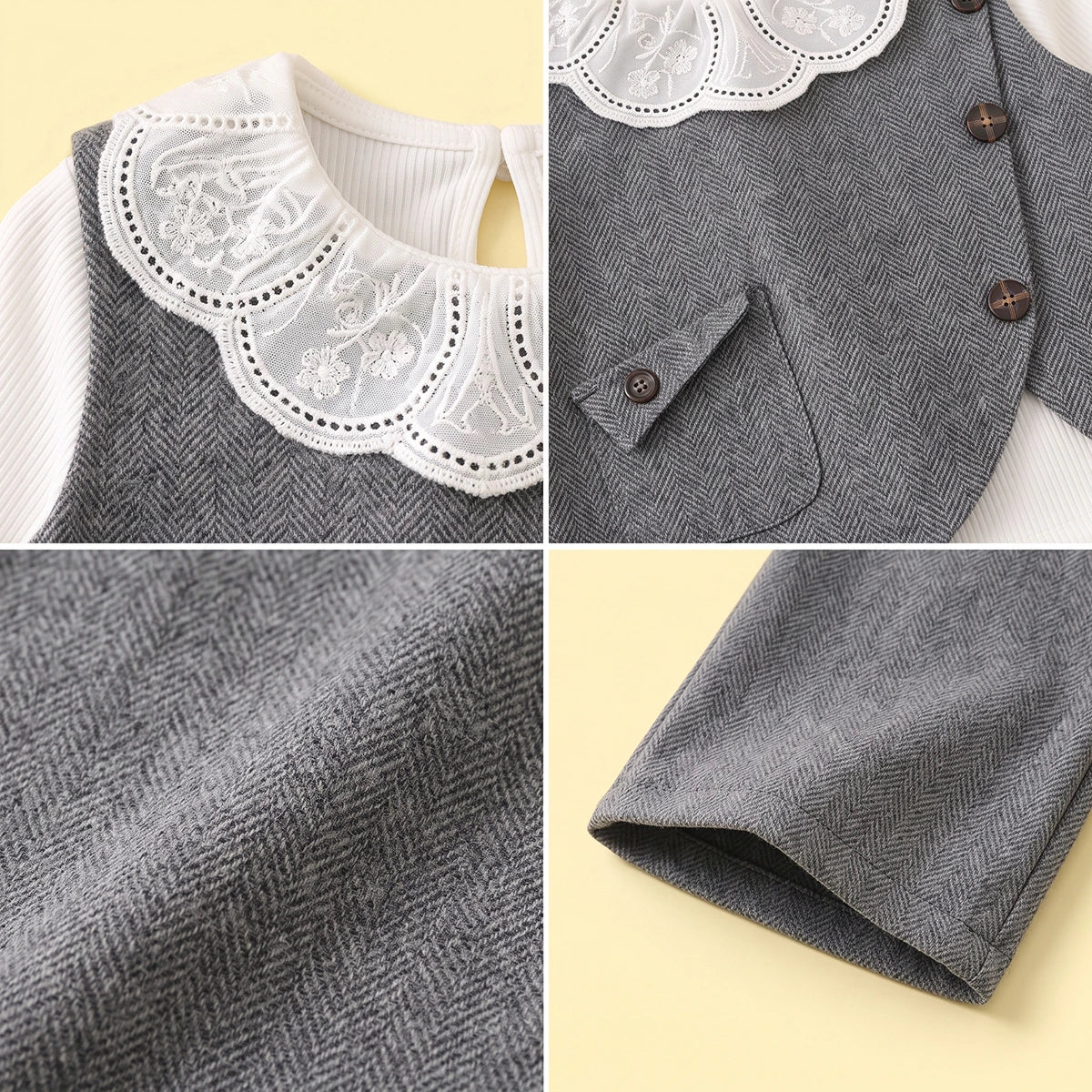 Girls Grey Textured Vest & Pants With Eyelet Collar Top Sets Sets