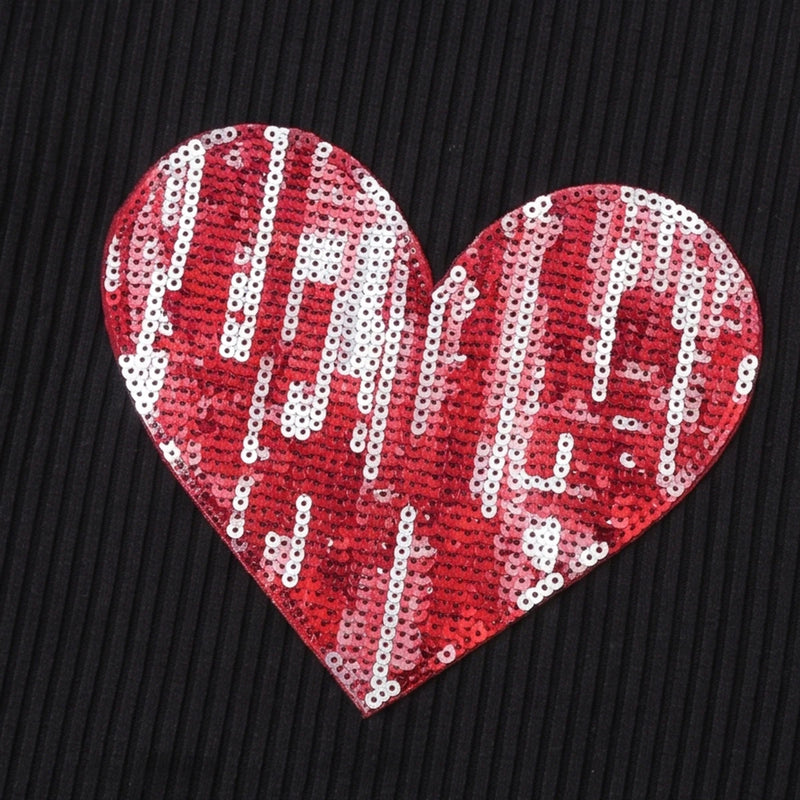 Girls Black Heart Print Puff Sleeve Top With Pants Sets 2 pc. Sets