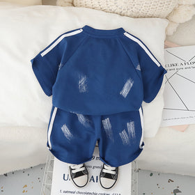 Boys Blue Shoulder Striped Raglan Sleeves T-Shirt With Shorts Set 2 pc. Sets