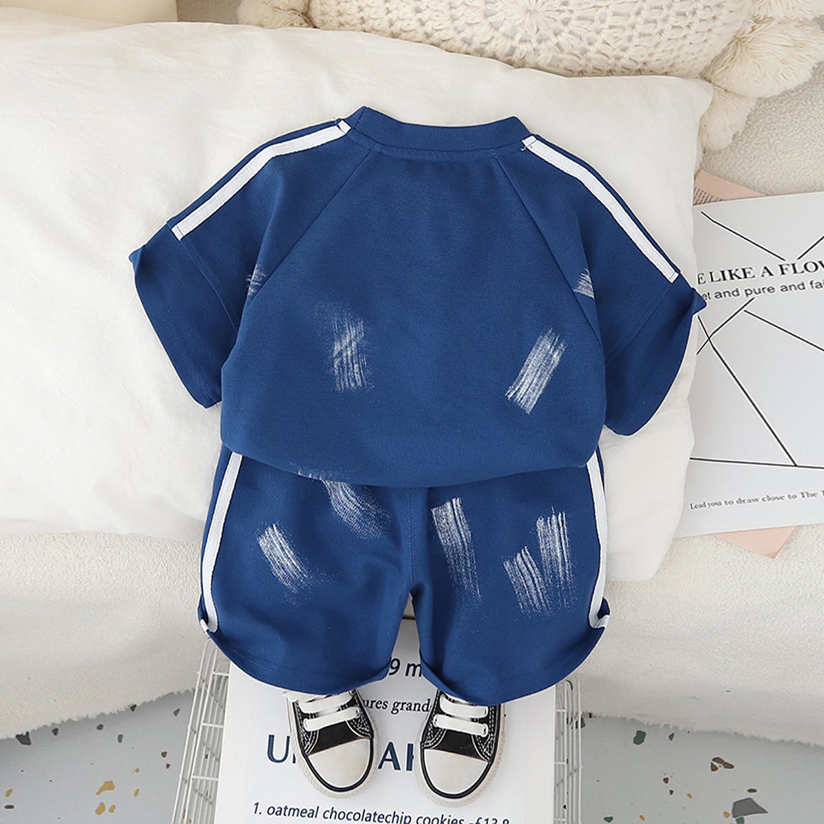 Boys Blue Shoulder Striped Raglan Sleeves T-Shirt With Shorts Set 2 pc. Sets