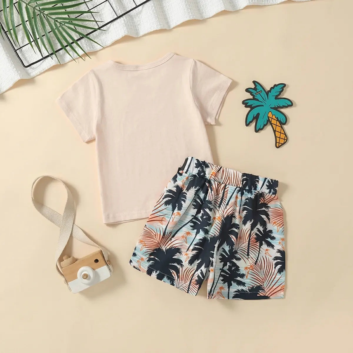 Boys Beige Short Sleeve T-Shirt With Tropical Print Shorts Sets 2 pc. Sets