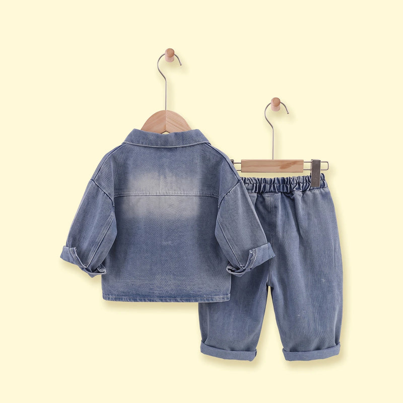 Boys Blue Splatter Print Denim Jacket & Pants With T-Shirt Sets 3 pc. Sets