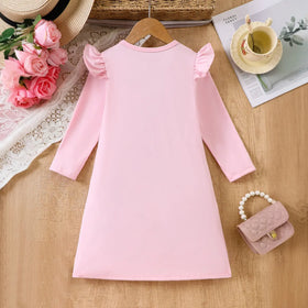 Girls Pink Graphics Printed Long Sleeves A-line Dress Casual Dresses