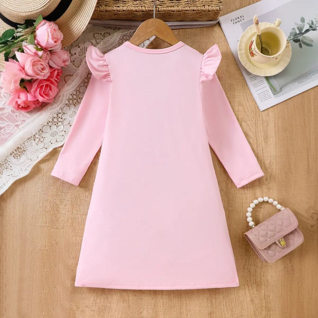 Girls Pink Graphics Printed Long Sleeves A-line Dress Casual Dresses