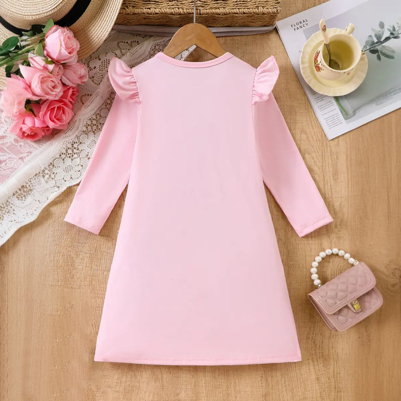 Girls Pink Graphics Printed Long Sleeves A-line Dress Casual Dresses