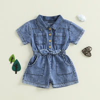 Girls Blue Denim Button Front Short Sleeve Romper With Bow Detail Playsuits Blue 1-2 Y