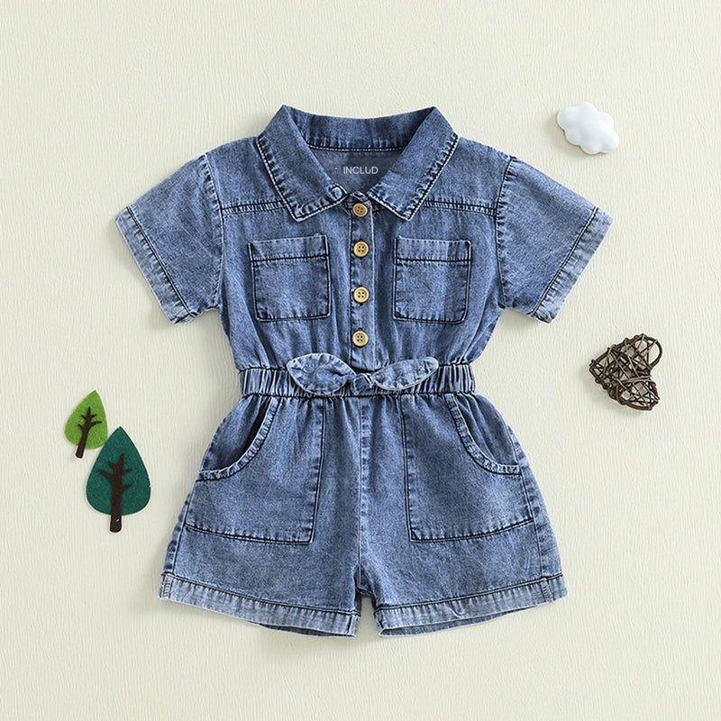 Girls Blue Denim Button Front Short Sleeve Romper With Bow Detail Playsuits Blue 1-2 Y