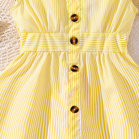 Girls Yellow Striped Flutter Sleeve Button-Down Fit & Flare Dress Casual Dresses