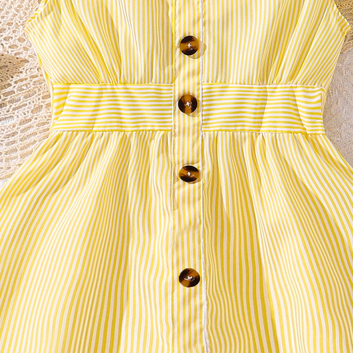 Girls Yellow Striped Flutter Sleeve Button-Down Fit & Flare Dress Casual Dresses