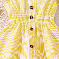 Girls Yellow Striped Flutter Sleeve Button-Down Fit & Flare Dress Casual Dresses
