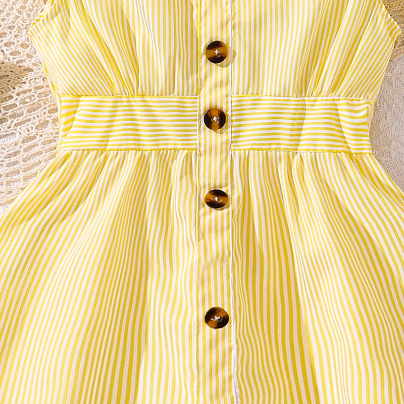 Girls Yellow Striped Flutter Sleeve Button-Down Fit & Flare Dress Casual Dresses