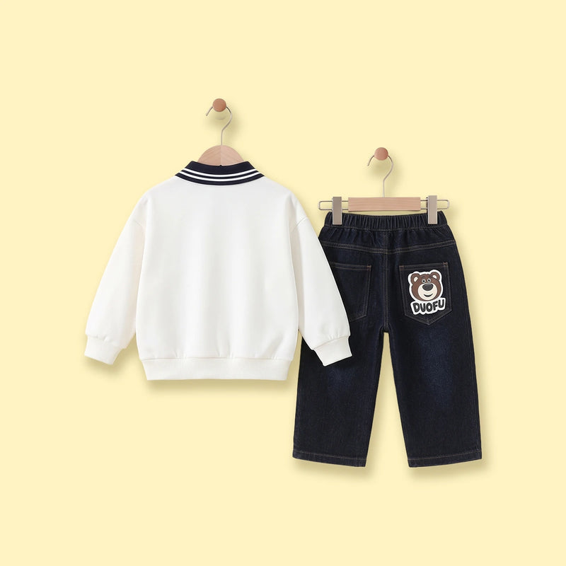 Boys White Graphic Polo Sweatshirt With Denim Pants Sets Sets