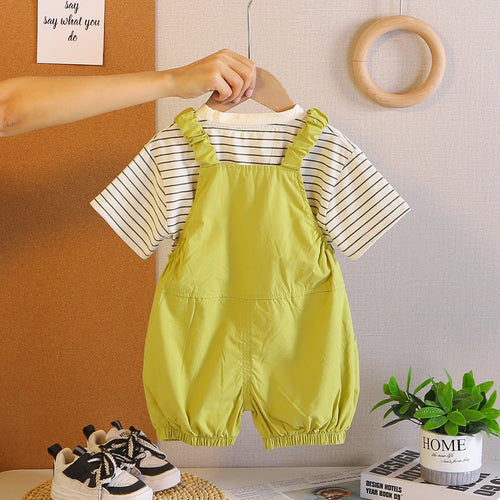 Boys Short Sleeve T-Shirt With Lime Green Animal Applique Dungaree Sets 2 pc. Sets