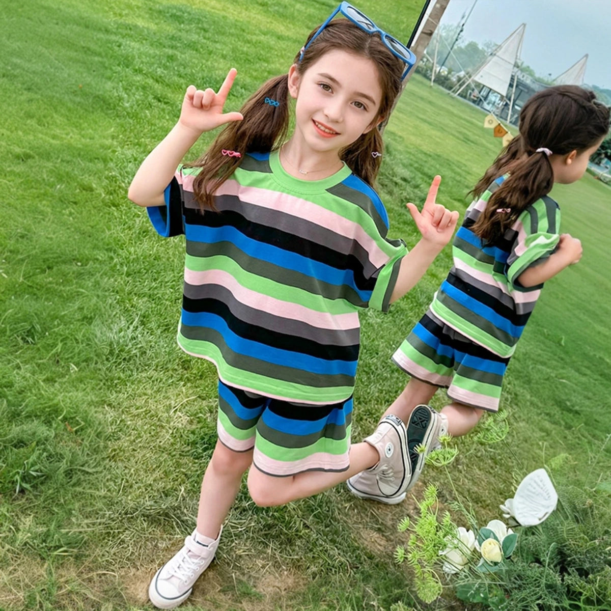 Girls Green Striped Drop Shoulder T-Shirt With Elasticated Shorts Sets Sets Green 1-2 Y