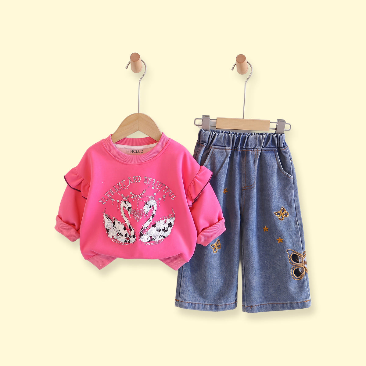 Girls Fuchsia Graphic Ruffled Sweatshirt & Denim Pants Sets Sets Fuchsia 1-2 Y