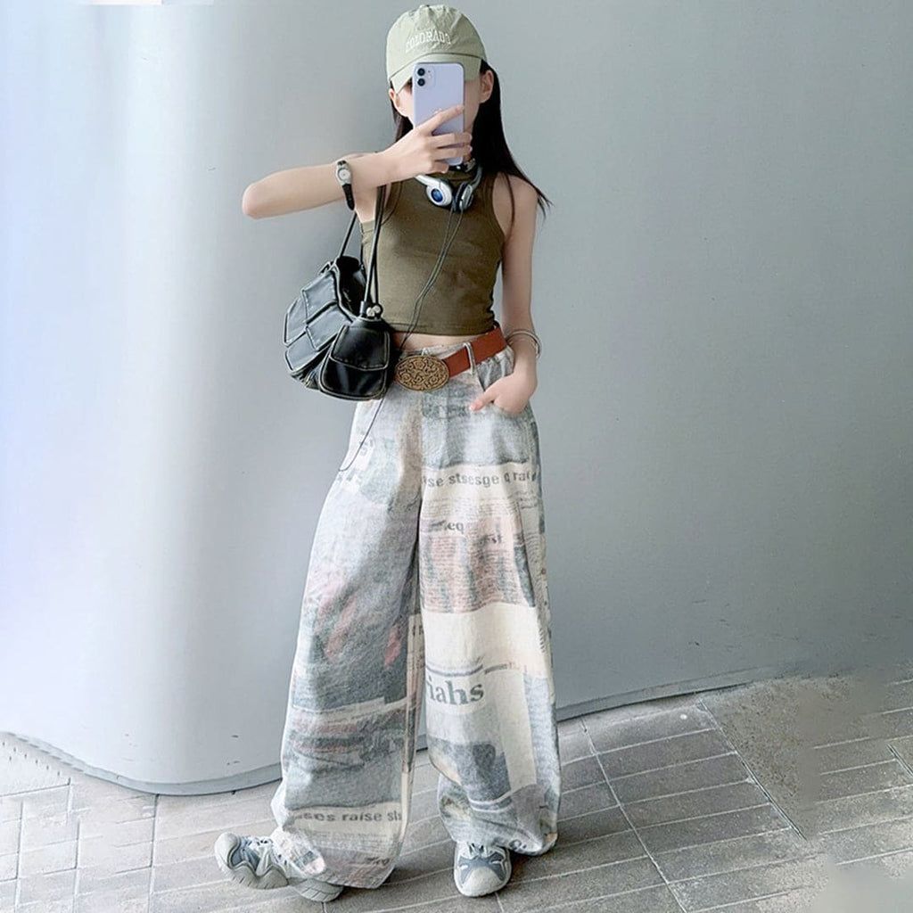 Girls Newspaper Print Wide Leg Pants Pants Grey 6-7 Y 