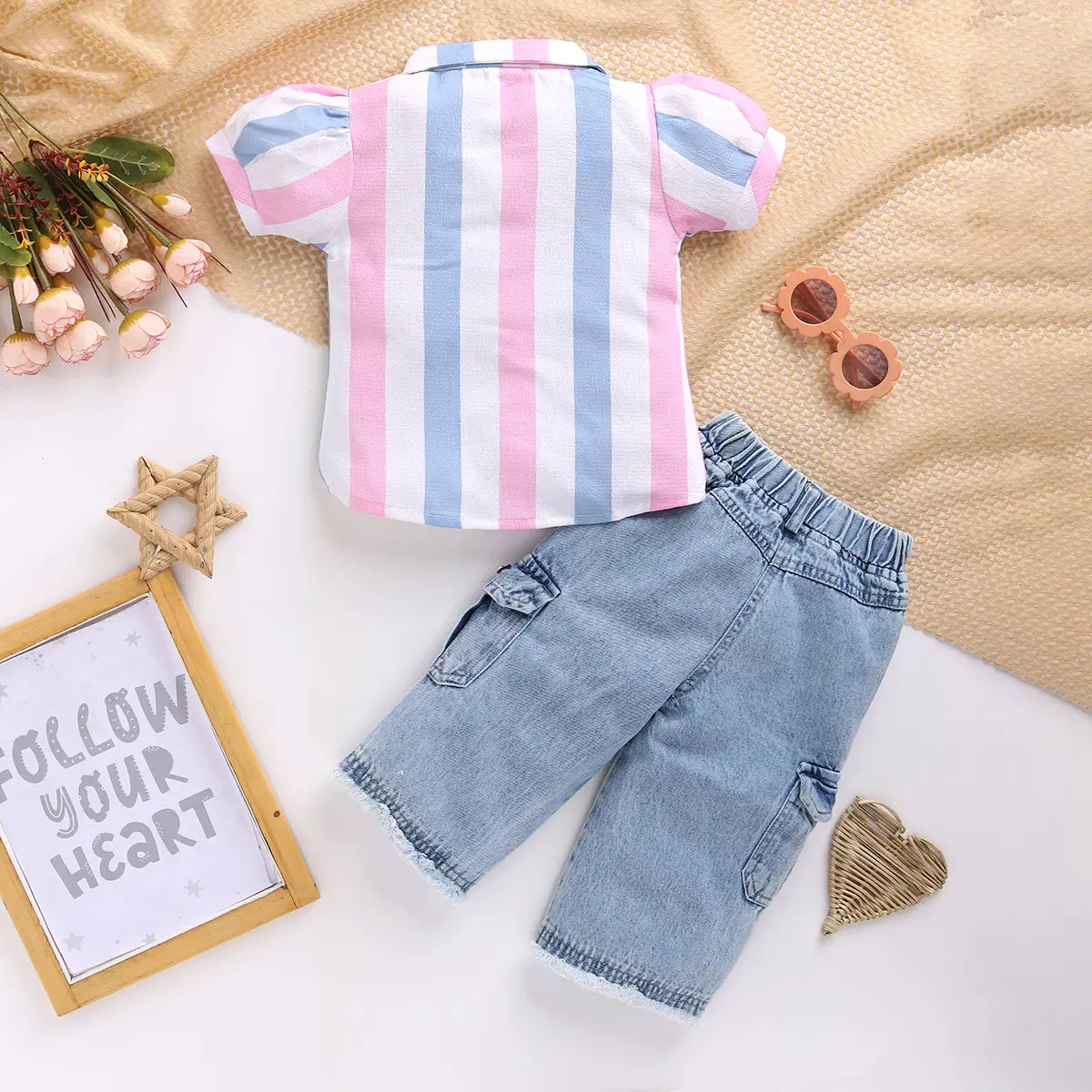 Girls Pink Stripes Short Sleeve Shirt With Denim Capri Sets 2 pc. Sets