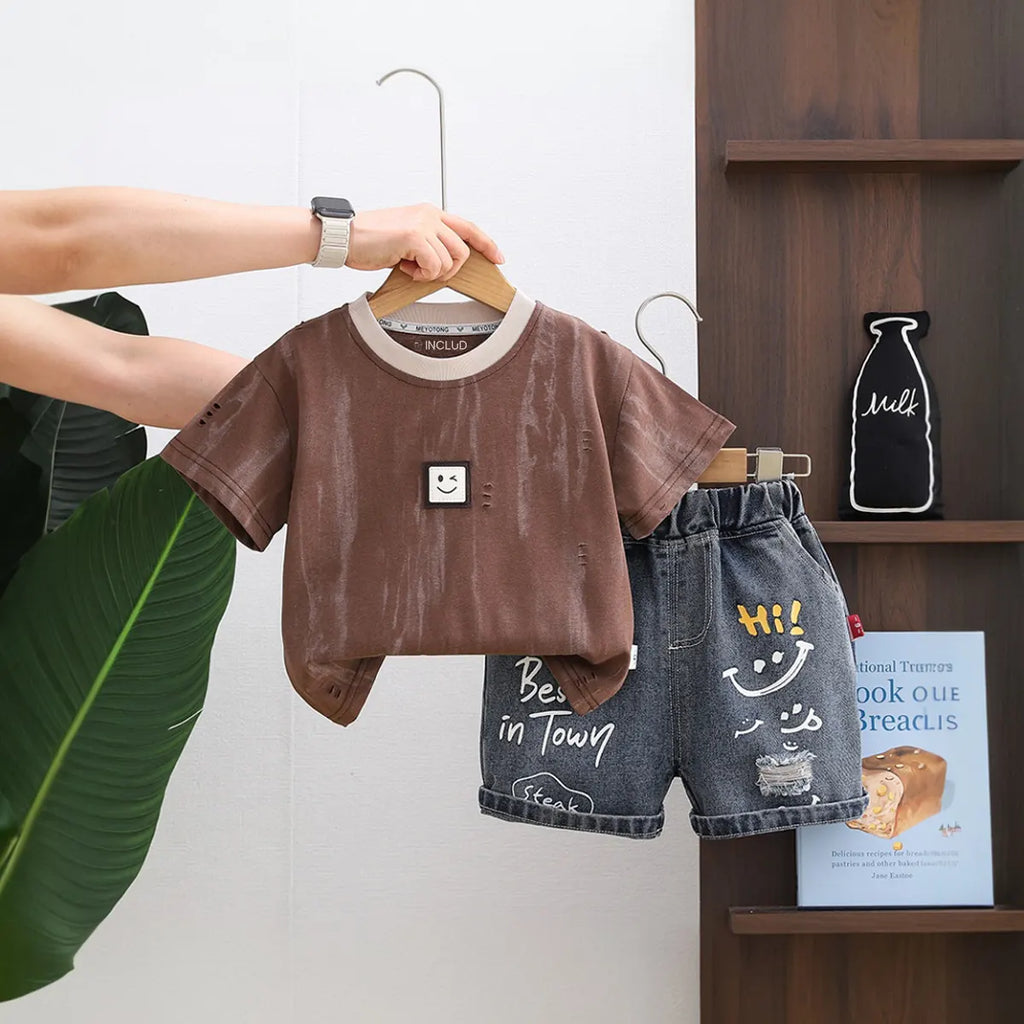 Boys Brown Short Sleeves T-Shirt With Printed Denim Shorts Set Sets Brown 1-2 Y