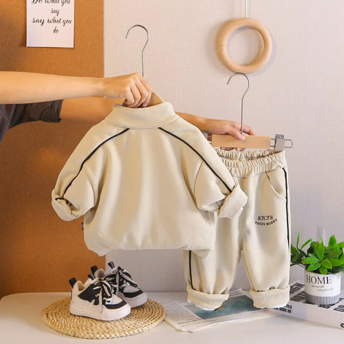 Boys Beige Typographic Printed Zip-up Jacket & Jogger With T-Shirt & Sling Bag Sets Sets