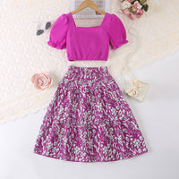Girls Purple Puff Sleeves Top With Printed Tiered Skirts Set 2 pc. Sets