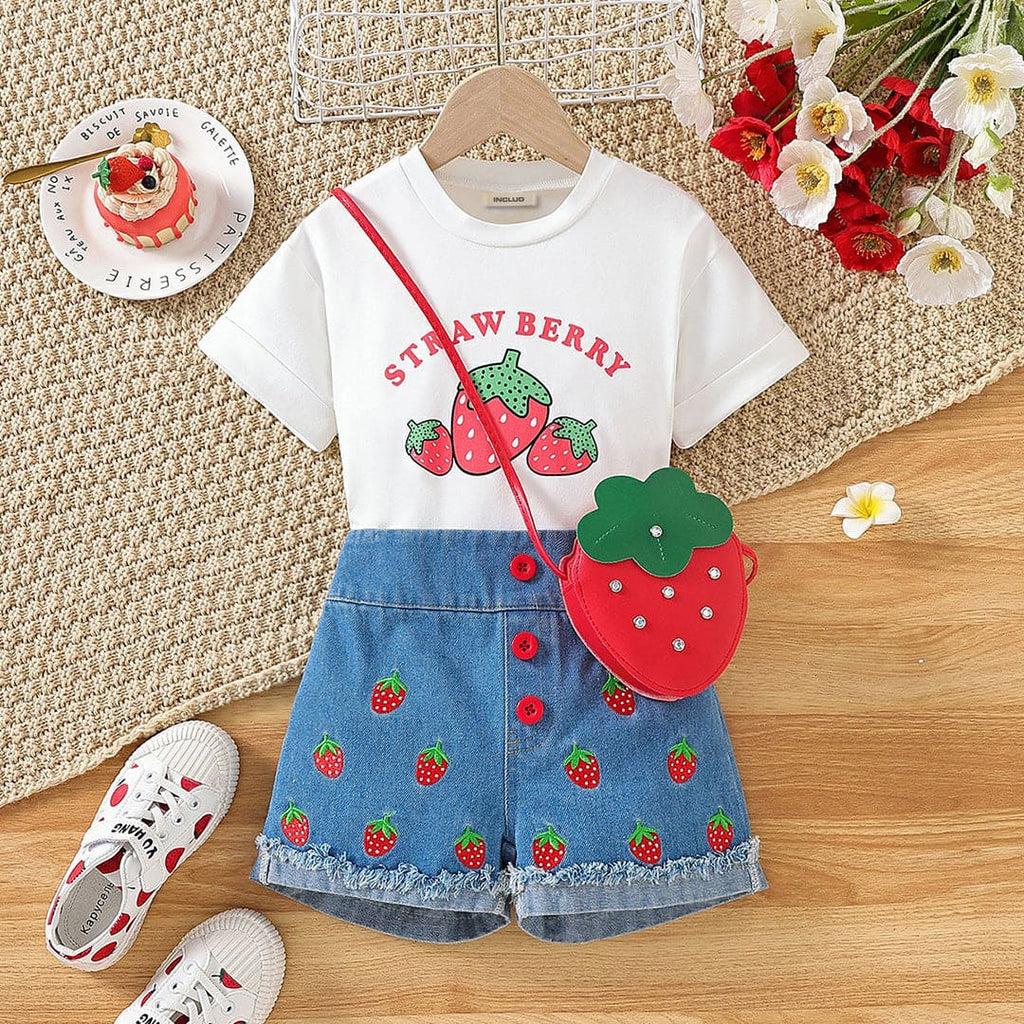 Girls Strawberry Printed T-Shirt With Denim Shorts & Bag Set