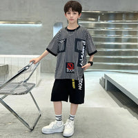 Boys Black Stripes Short Sleeves Oversized T-Shirt With Shorts Set Sets Black 5-6 Y