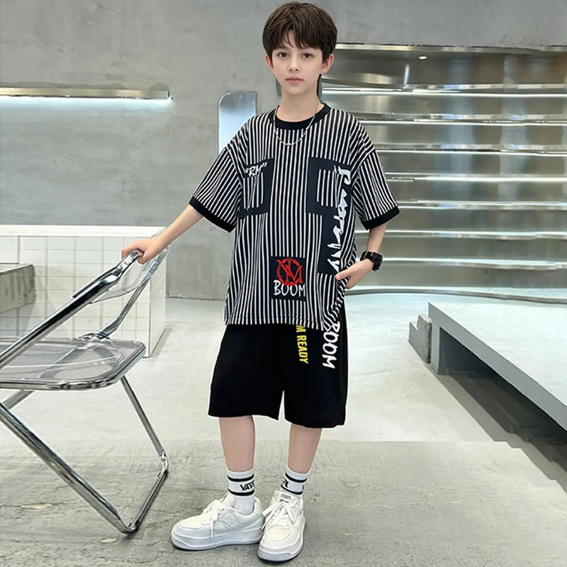 Boys Black Stripes Short Sleeves Oversized T-Shirt With Shorts Set Sets Black 5-6 Y